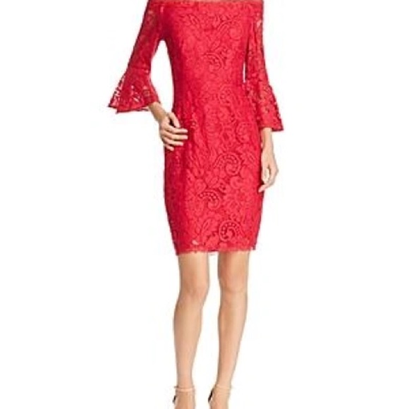 Red Sheath Dress With Long Bell Sleeves For Cocktail